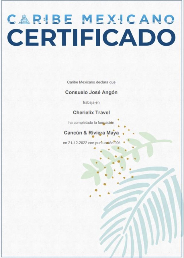 Certificado Caribe Mexicano Cancún y Riviera Maya de Consuelo José