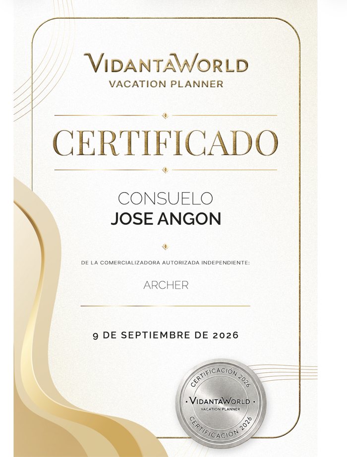 Certificado VidantaWorld Vacation Planner de Consuelo José